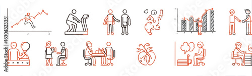 Business and Lifestyle Pictograms Representing Growth Connections Health and Daily Activities in Clean Line Art Style