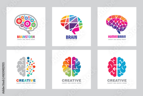 Abstract human brain logo set. Creative idea - business icon sign collection concept vector illustration. Human mind education symbol. Design elements.