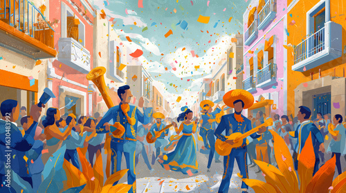 Illustration of street parade with confetti, dancers, and live music in Mexico