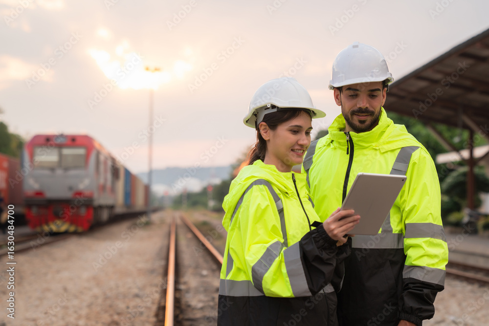 Obraz premium Foreman checking inventory or task details on freight train cars and shipping containers. Logistics concept, import, and export industries.