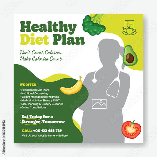 Promotional social media marketing template for Health, nutrition and Diet plan social media square flyer poster and banner vector editable template
