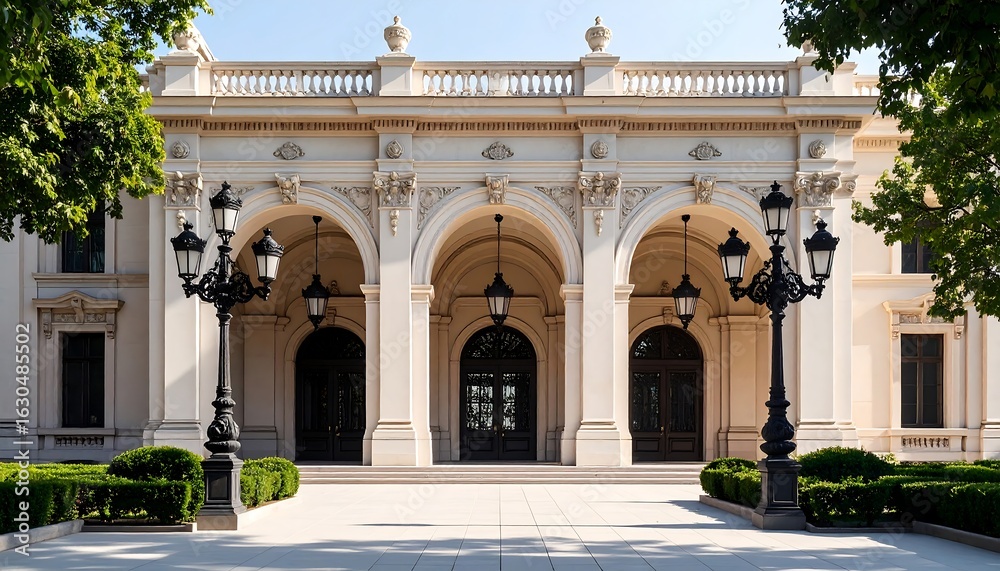 Fototapeta premium Classic Building Facade with Arches and Lamp Posts on a Sunny Day