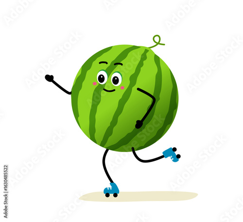 A cute, strong watermelon. The concept of classes in the gym with the image of watermelon, health, fitness. Vector illustration in flat style.
