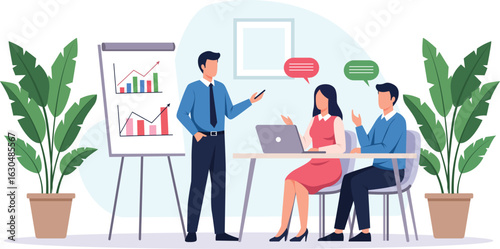 Business presentation with a man presenting data on a flip chart to a woman and a man at a table with a laptop.
