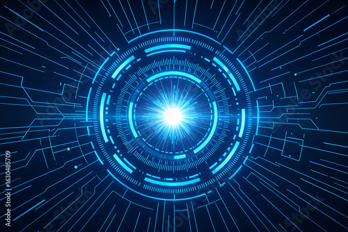 Abstract futuristic glowing blue digital technology portal with radiating light and data streams