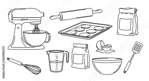 Outline baking tools and ingredients vector illustration for culinary arts and kitchen equipment design 100