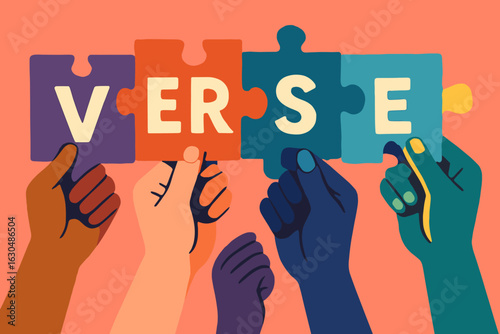 A diverse group of multicultural people with raised hands hold puzzle pieces that spell out 'Diversity', representing racial equality and variety among people, with available banner copy space