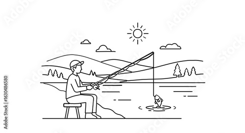 Line art illustration of man fishing in lake with rod nature landscape outdoor recreation hobby relaxation 100