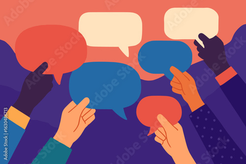Multi-ethnic women from diverse backgrounds are holding speech bubbles and engaging in conversations, representing racial equality and multiculturalism through their discussions and interactions on