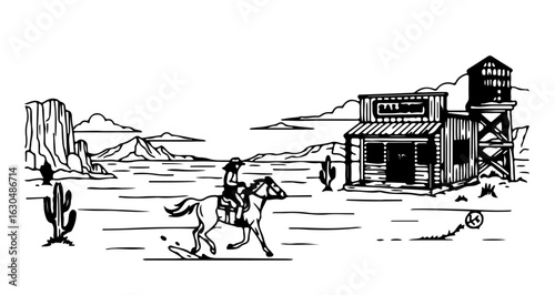 Wild west cowboy riding horse through desert landscape with saloon and mountains vector illustration