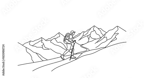 Hiking adventure in the mountains minimalist line art vector illustration for outdoor enthusiasts and nature lovers