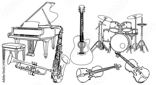 Collection of musical instruments piano guitar drums violin saxophone trumpet for music lovers and musicians