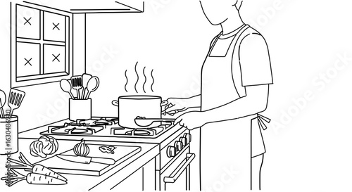Cooking at home illustration: preparing healthy meal, soup recipe, food preparation, kitchen scene, lifestyle