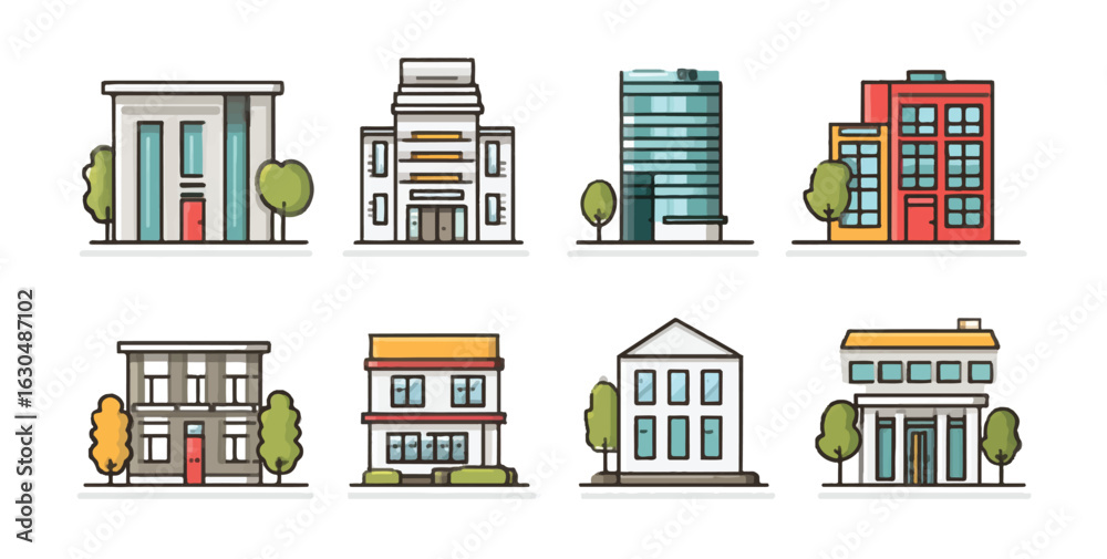 Fototapeta premium Collection of Diverse Building Icons with Trees for City or Urban Design Projects
