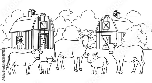Cow farm coloring page for kids and adults printable animal barn landscape rural scene farmyard activity sheet