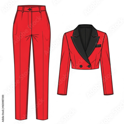 Fashion technical flat sketch of red women's pantsuit with cropped blazer, tailored trousers, double-breasted jacket, stylish clothing design template