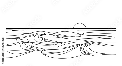 Ocean waves line art drawing vector illustration sea wave sketch sunrise minimalist design beach scene artwork 100