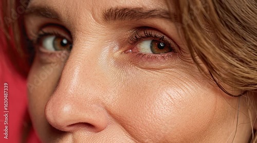 Close-up of a woman's face focusing on her eyes with a warm and gentle expression, horizontal video