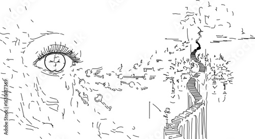 Surreal eye with keys leading to a staircase dreamscape drawing in black and white line art style