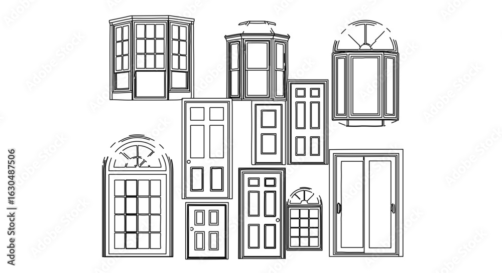 Fototapeta premium Architectural doors and windows design elements for building construction and home improvement projects vector outline