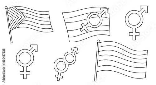 Lgbtqia+ pride flags and gender symbols vector illustration for equality and love celebration design
