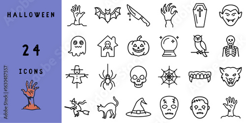 Collection of 24 Halloween-themed linear icons with scary symbols