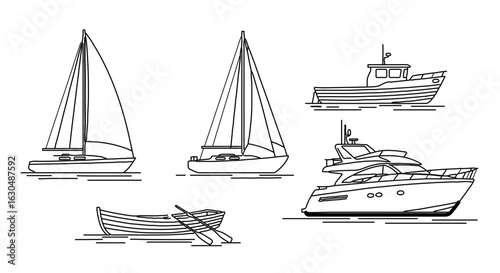 Line art drawing of various boats including sailboats yachts and rowboats for nautical themed designs