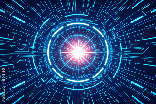 Abstract futuristic digital tunnel with glowing blue and orange light emanating from the center
