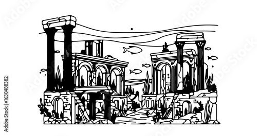 Underwater ancient ruins drawing of lost city with fish and columns vector illustration design art