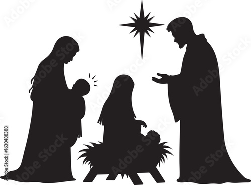 Nativity scene silhouette with star, holy family, and baby Jesus