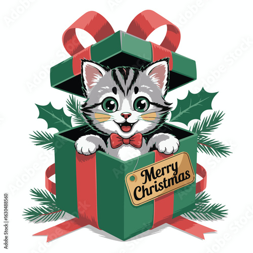 Christmas Cat in Gift Box — Cute Holiday Vector of Cat Peeking from Present with Holly