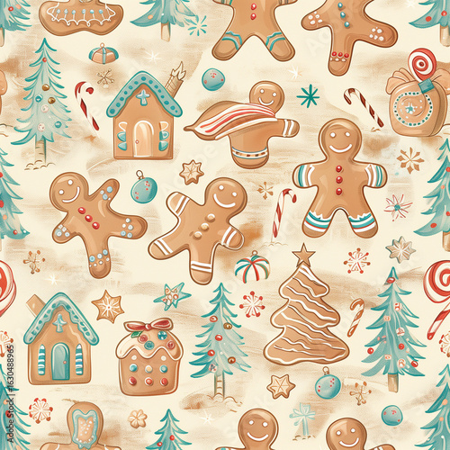Playful Gingerbread Men and Icing Pattern in a Whimsical Repeat for Festive Christmas Applications