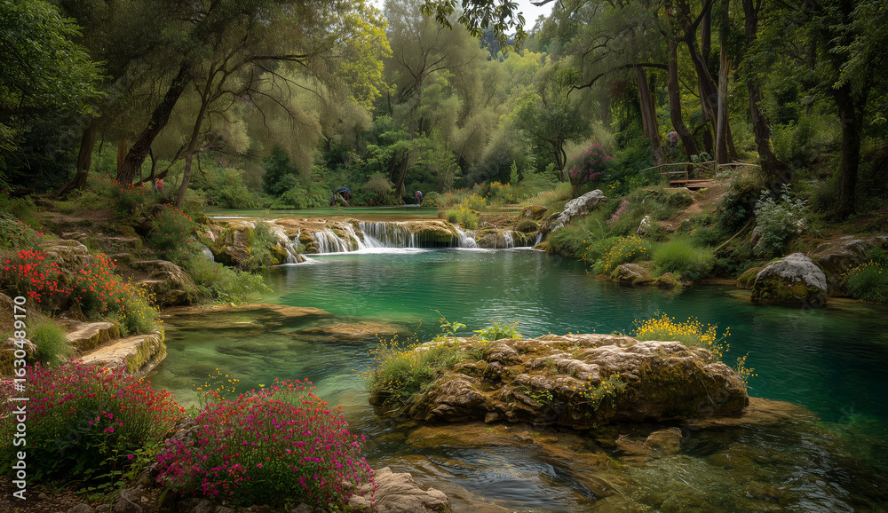 Obraz premium Lush green forest with cascading waterfall and turquoise pool