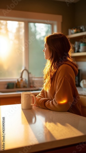 A woman with long hair enjoys a warm beverage while gazing out of a sunlit kitchen window, reflecting on a peaceful moment.