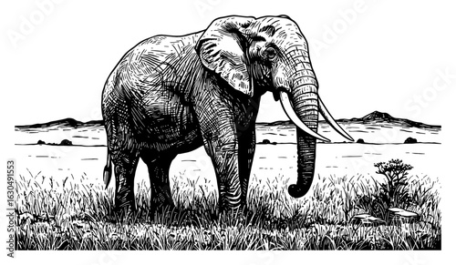 Large African Elephant Standing in a Wild Savannah Landscape Black and White Outline Line Art Drawing