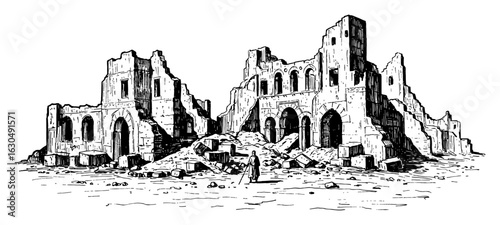 Devastated Empty Destroyed Ancient Arabian City Ruins After War with Lone Figure Black and White Outline Line Art Drawing