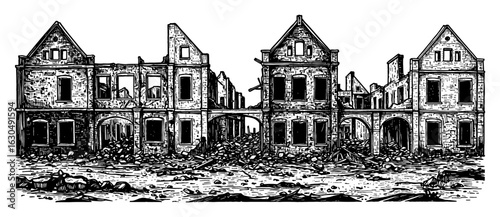 Empty Destroyed City Ruins After War Black and White Outline Line Art Drawing of Devastated Buildings