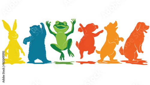 Colorful Animal Silhouettes Dancing in a Row Joyful Illustration Featuring Bunny Bear Frog and Dogs on White Background