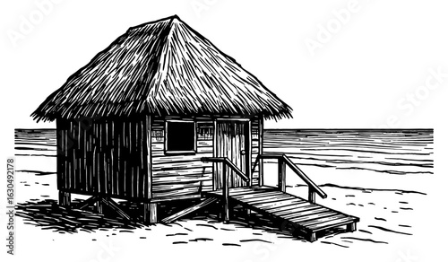 Traditional Tropical Wooden Hut on a Beach with Pier Seaside Vacation Black and White Outline Line Art Drawing