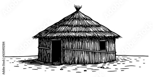 Traditional Rustic Hut in Desert Landscape Black and White Outline Line Art Drawing Engraving Style