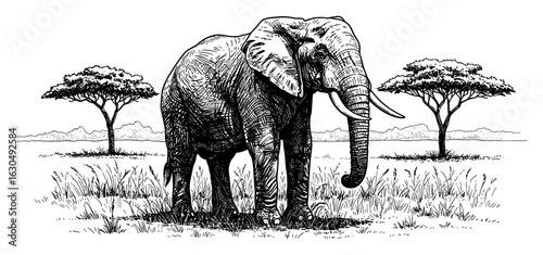 Majestic Standing Elephant in Expansive Savannah Landscape Full Body Side View Black and White Outline Line Art Drawing