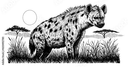 Spotted Hyena Standing in African Savannah Grass with Sun Black and White Outline Line Art Drawing