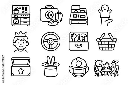 Black outline icons of toys and accessories on gray background