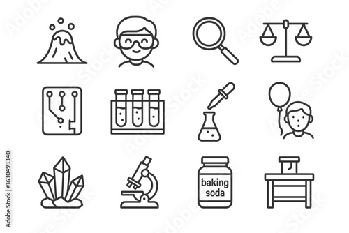 Science icons: experiments, tools, and discoveries in simplistic outline style