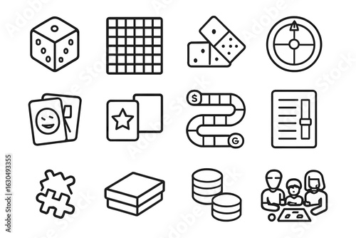 Icon set featuring dice, dominoes, puzzle, board game elements on gray background