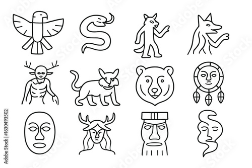 Set of mythical creature symbols and mask illustrations on a dark background