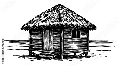 A Traditional Hut on a Beach with Thatched Roof in Black and White Outline Line Art Drawing Style