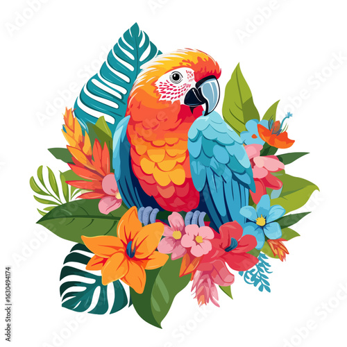Parrot - Colorful Parrot with Tropical Flowers