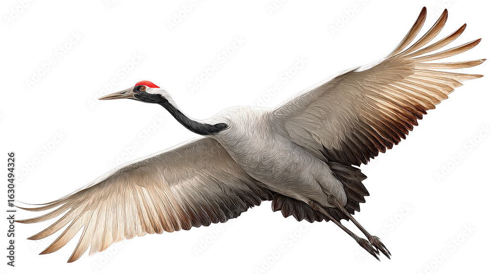 Fototapeta premium Flying crane with wide wings fully spread background isolated on a Transparent background, PNG file.