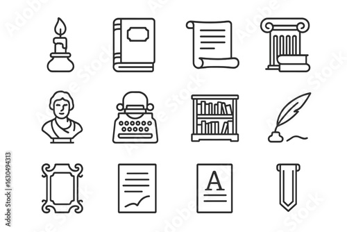Vintage literature and writing icons with candle and typewriter